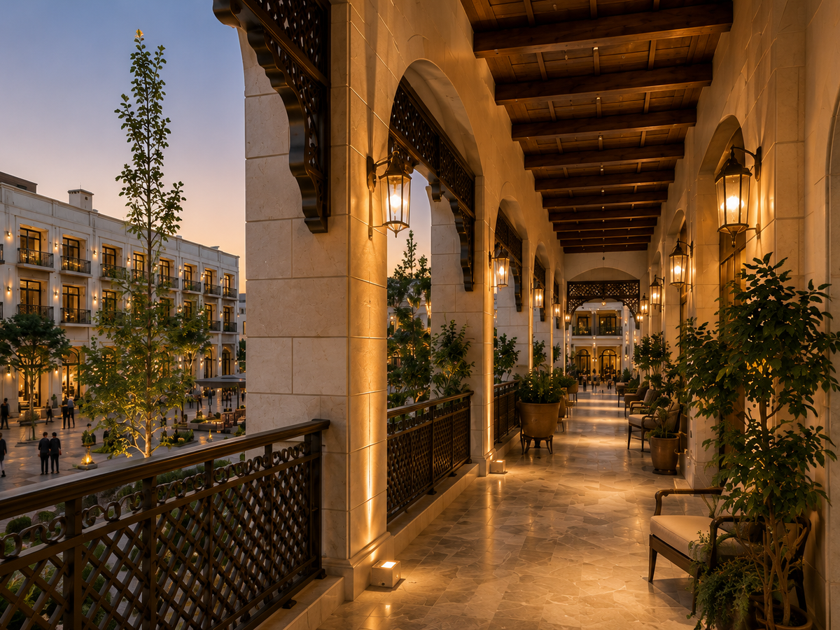 Elegant restaurant terrace framed by arched windows